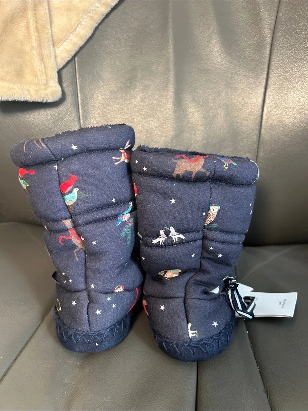 Joules Navy Kids Animal Print Cozy Boot Slippers